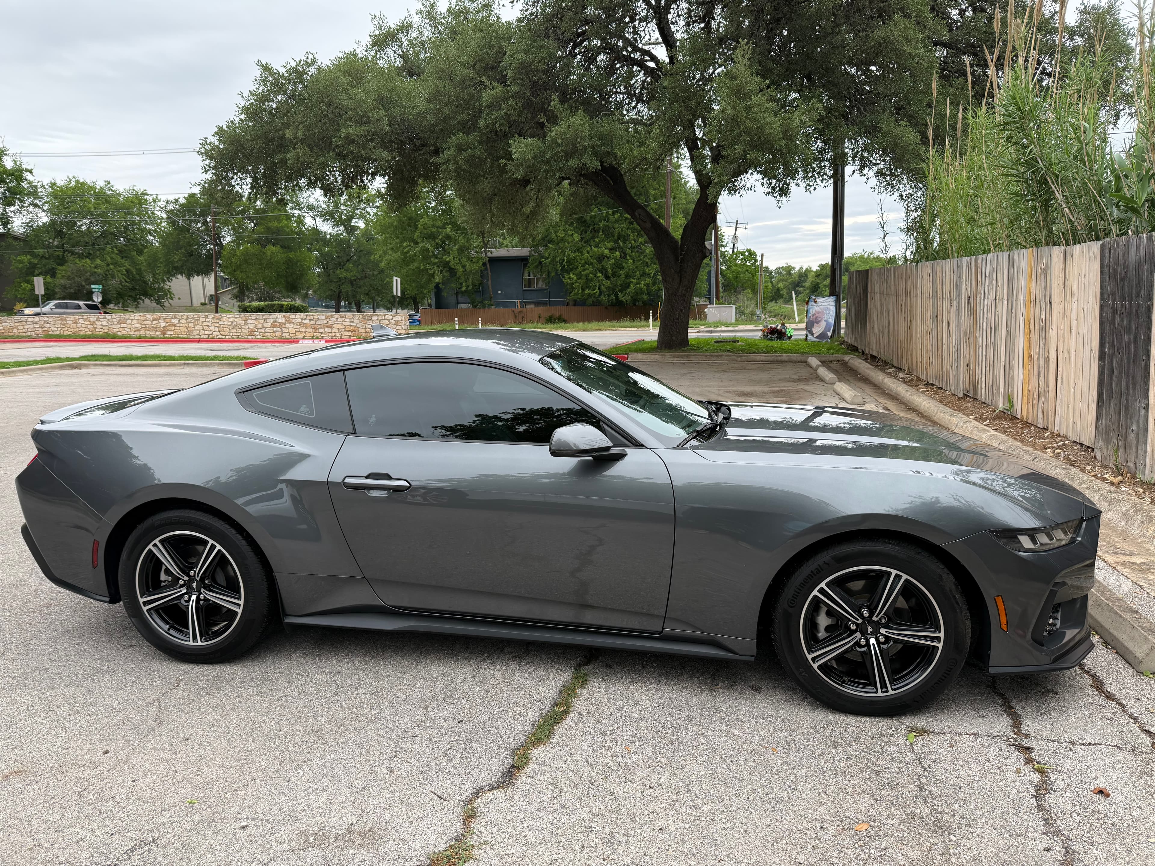 Sleek charcoal gray Ford Mustang coupe parked in a lot next to a wooden fence.