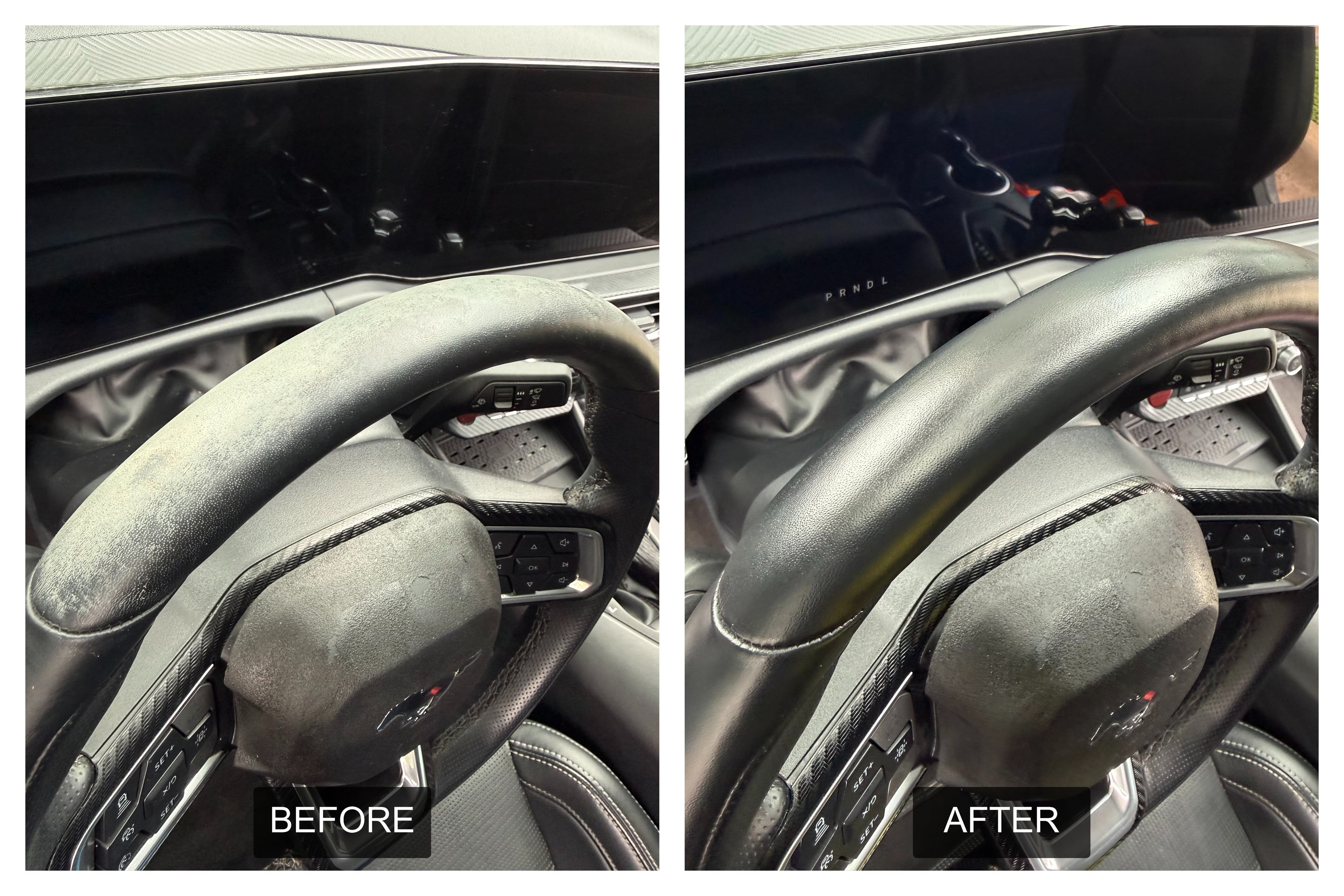 Side-by-side comparison of a worn steering wheel before and after being cleaned and restored.